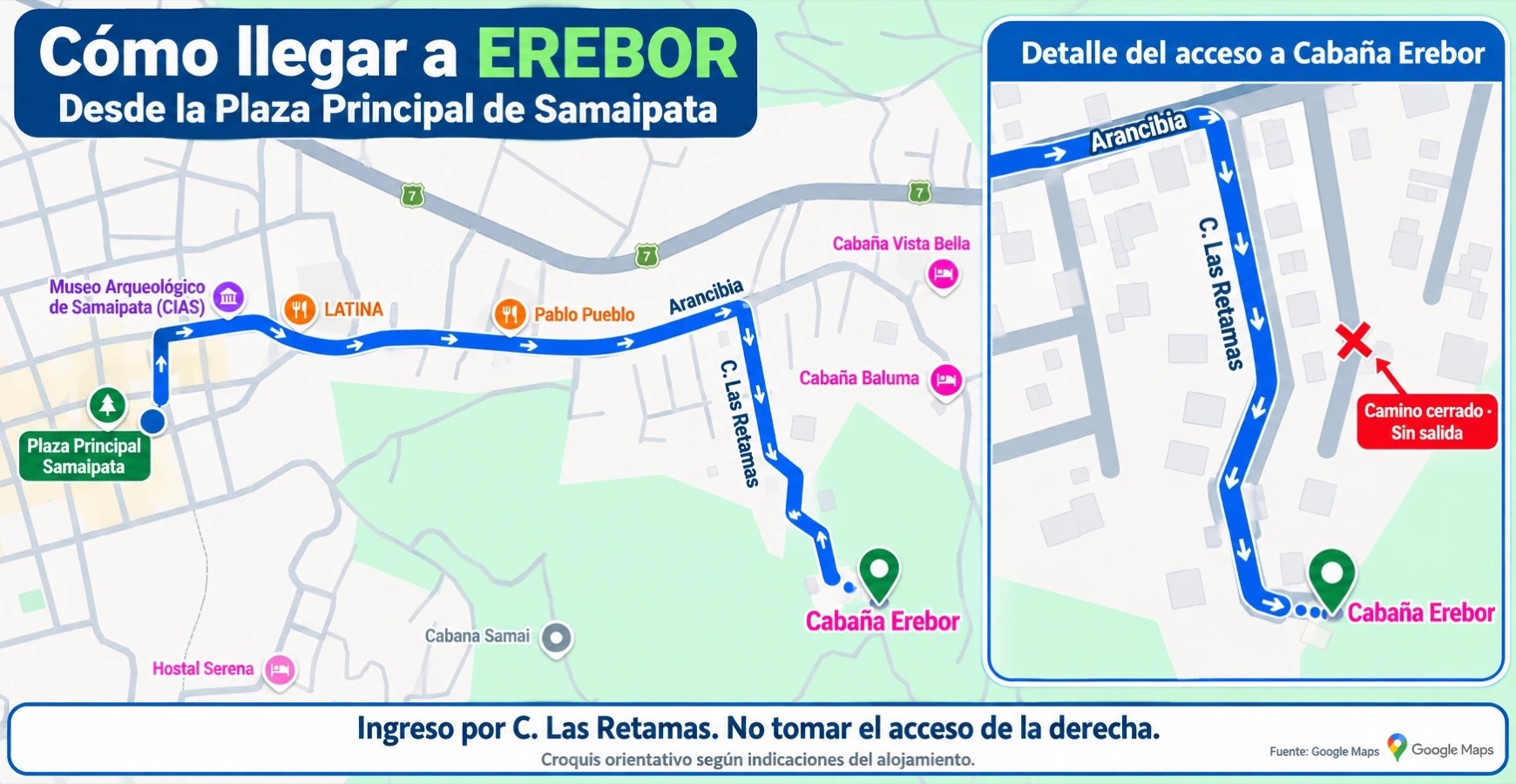Croquis: cómo llegar a Cabaña Erebor desde la plaza principal de Samaipata, ingresando por calle Las Retamas.